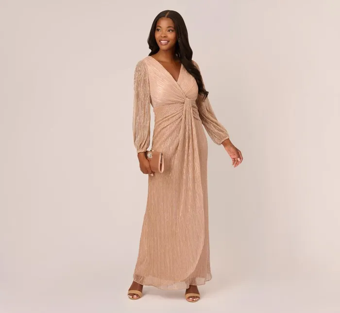 Adrianna Papell Formal Dresses Metallic Crinkled Mesh Draped Long Gown In Light Gold 8211 Women