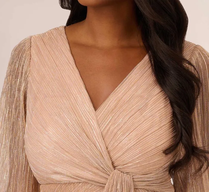 Adrianna Papell Formal Dresses Metallic Crinkled Mesh Draped Long Gown In Light Gold 8211 Women