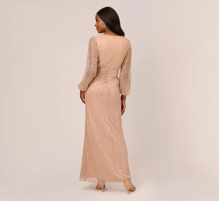 Adrianna Papell Formal Dresses Metallic Crinkled Mesh Draped Long Gown In Light Gold 8211 Women