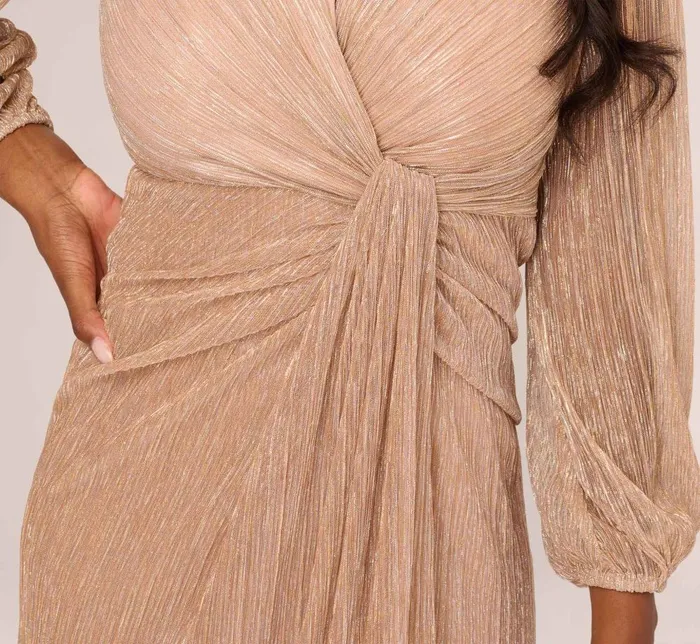 Adrianna Papell Formal Dresses Metallic Crinkled Mesh Draped Long Gown In Light Gold 8211 Women