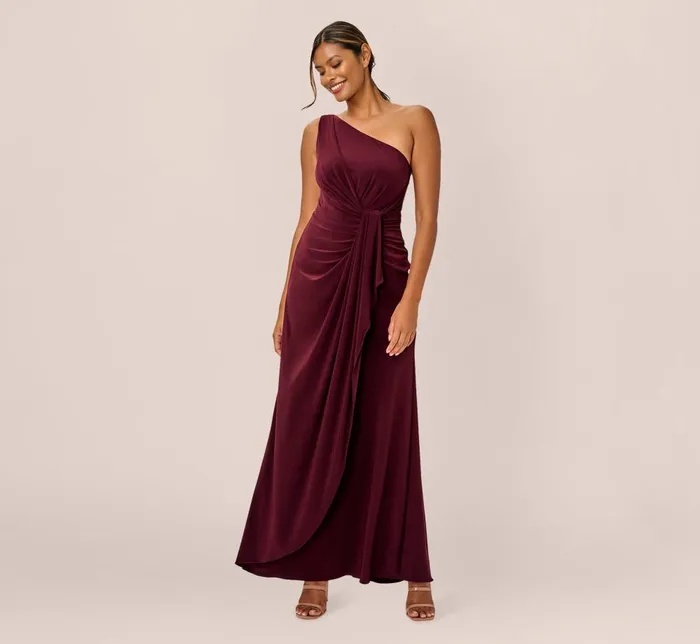 Adrianna Papell Formal Dresses One Shoulder Dress With Draped Waist Detail In Red Wine 8211 Women