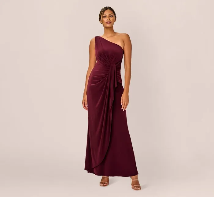Adrianna Papell Formal Dresses One Shoulder Dress With Draped Waist Detail In Red Wine 8211 Women