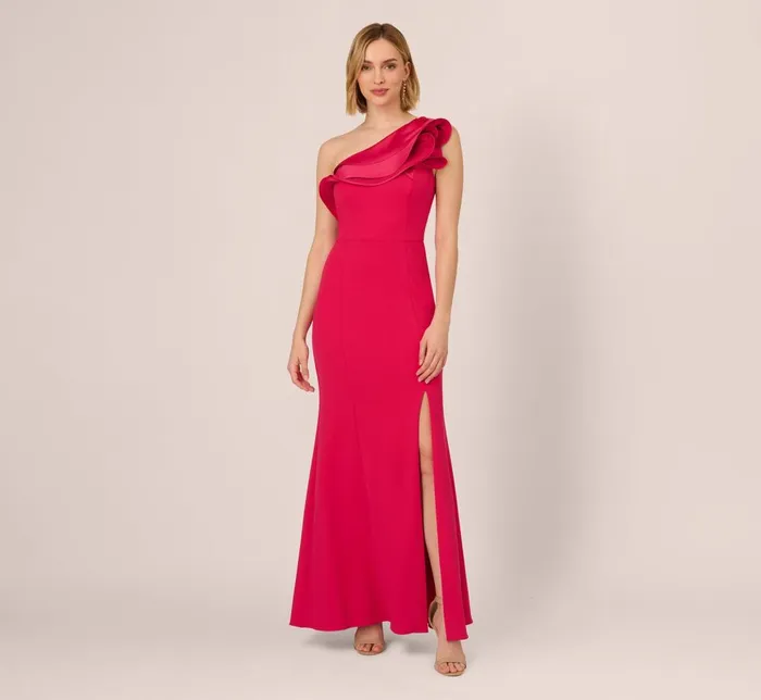 Adrianna Papell Formal Dresses One Shoulder Mermaid Gown With Ruffled Neckline In Pink Cherry 8211 Women
