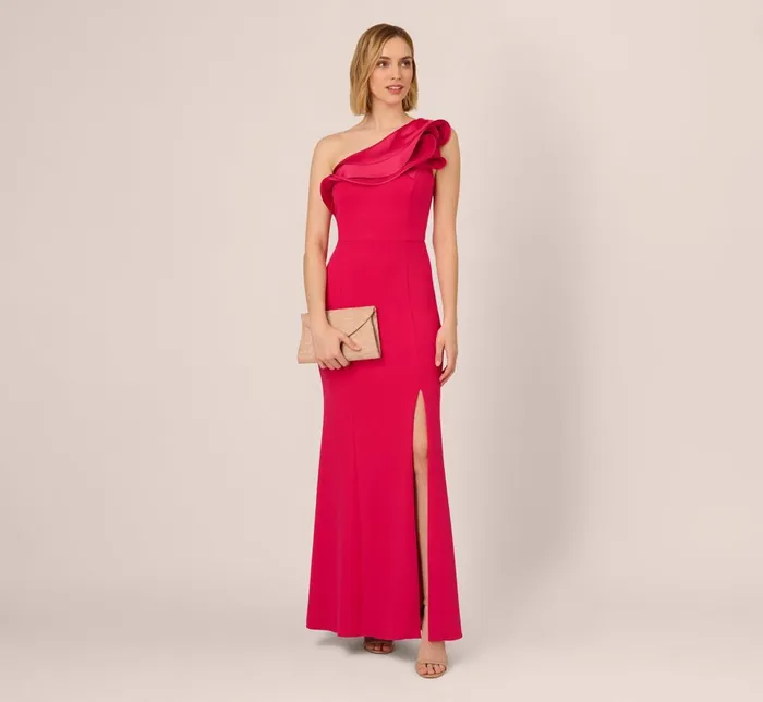 Adrianna Papell Formal Dresses One Shoulder Mermaid Gown With Ruffled Neckline In Pink Cherry 8211 Women