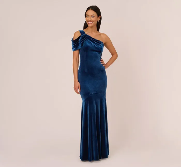 Adrianna Papell Formal Dresses One Shoulder Velvet Mermaid Gown With Drape Sleeve In Ocean Wave 8211 Women Adrianna Papell Formal Dresses One Shoulder Velvet Mermaid Gown With Drape Sleeve In Ocean Wave 8211 Women