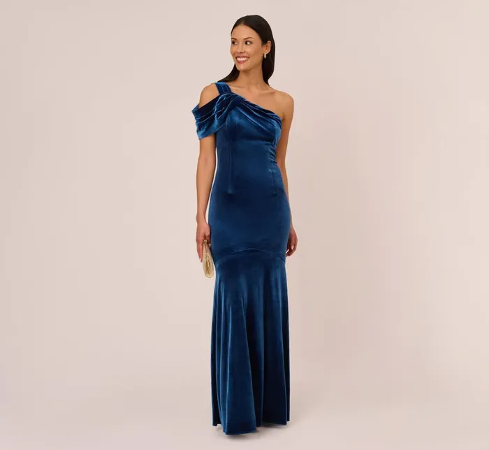 Adrianna Papell Formal Dresses One Shoulder Velvet Mermaid Gown With Drape Sleeve In Ocean Wave 8211 Women