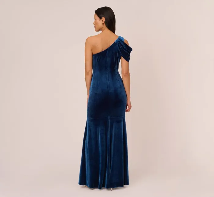 Adrianna Papell Formal Dresses One Shoulder Velvet Mermaid Gown With Drape Sleeve In Ocean Wave 8211 Women