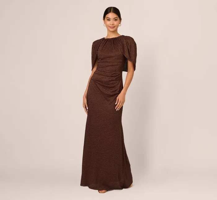 Adrianna Papell Formal Dresses Pleated Metallic Cape Gown In Bronze 8211 Women