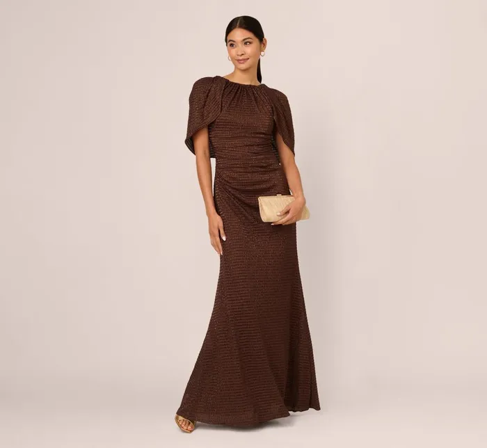 Adrianna Papell Formal Dresses Pleated Metallic Cape Gown In Bronze 8211 Women