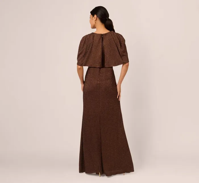 Adrianna Papell Formal Dresses Pleated Metallic Cape Gown In Bronze 8211 Women