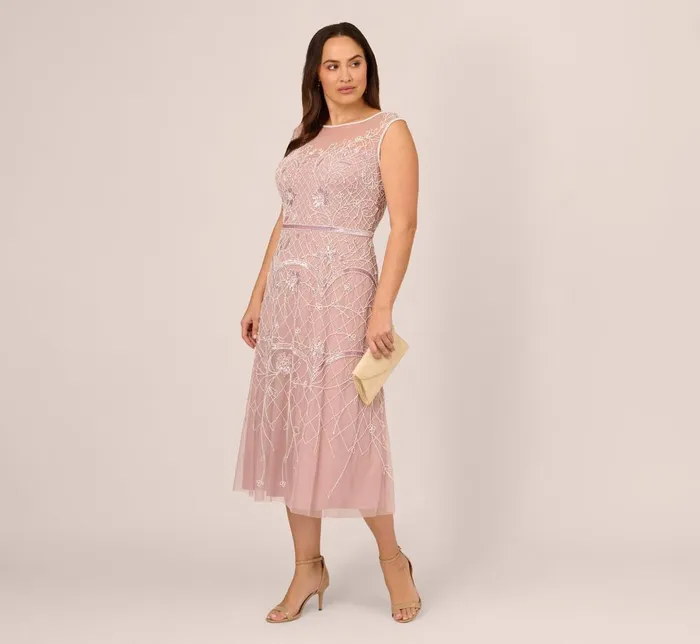 Adrianna Papell Formal Dresses Plus Size Beaded AnkleLength Dress With Sheer Neckline In Dusted Petal Ivory 8211 Women