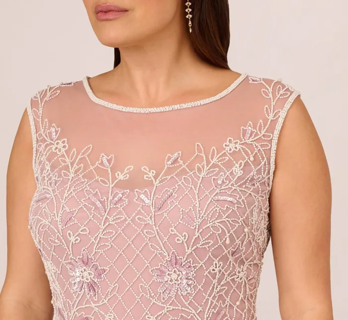 Adrianna Papell Formal Dresses Plus Size Beaded AnkleLength Dress With Sheer Neckline In Dusted Petal Ivory 8211 Women