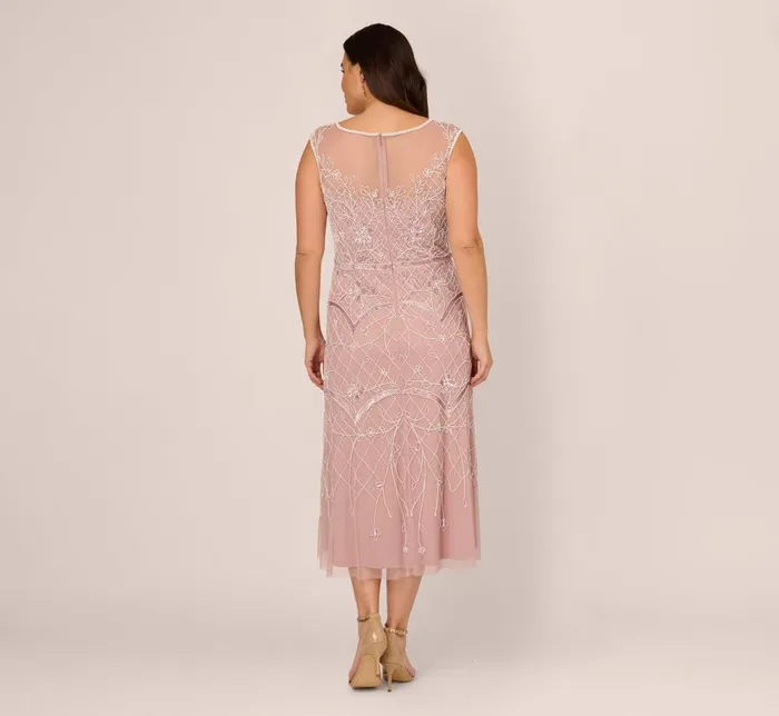 Adrianna Papell Formal Dresses Plus Size Beaded AnkleLength Dress With Sheer Neckline In Dusted Petal Ivory 8211 Women