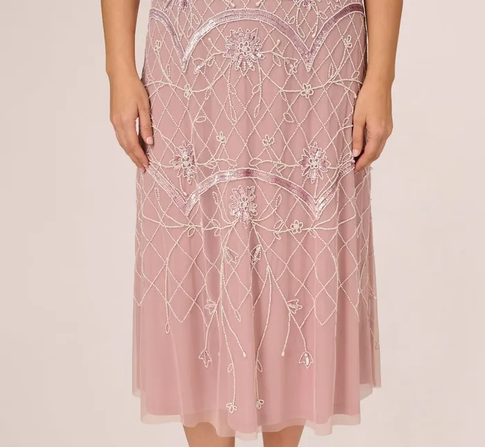 Adrianna Papell Formal Dresses Plus Size Beaded AnkleLength Dress With Sheer Neckline In Dusted Petal Ivory 8211 Women