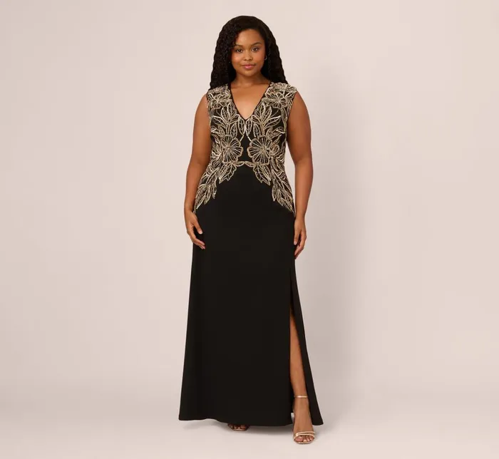 Adrianna Papell Formal Dresses Plus Size Beaded Crepe Long Dress In Black 8211 Women