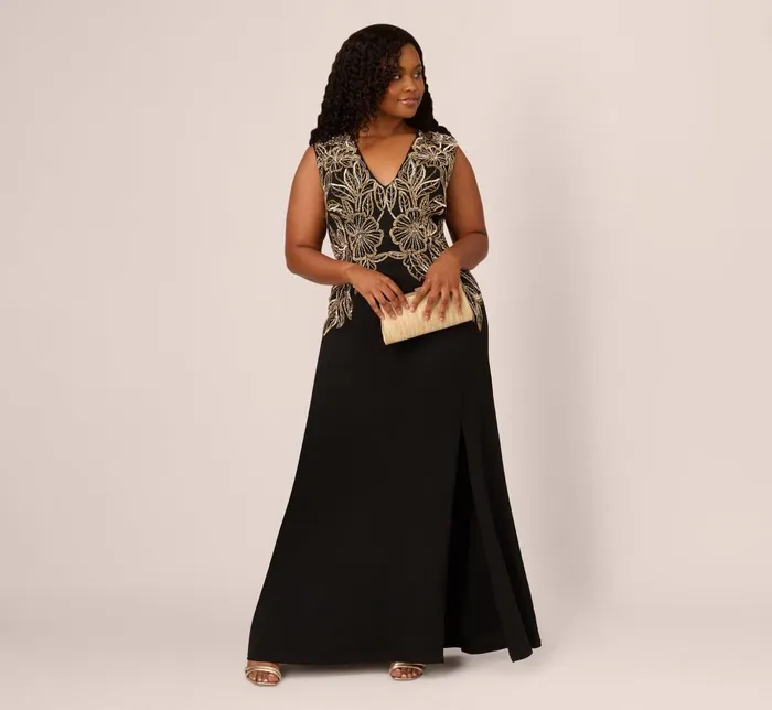 Adrianna Papell Formal Dresses Plus Size Beaded Crepe Long Dress In Black 8211 Women