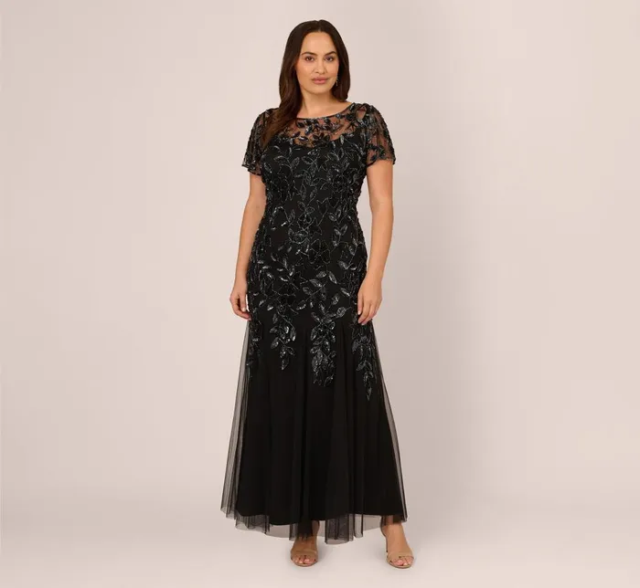 Adrianna Papell Formal Dresses Plus Size Hand Beaded Short Sleeve Floral Godet Gown In Black Gunmetal 8211 Women