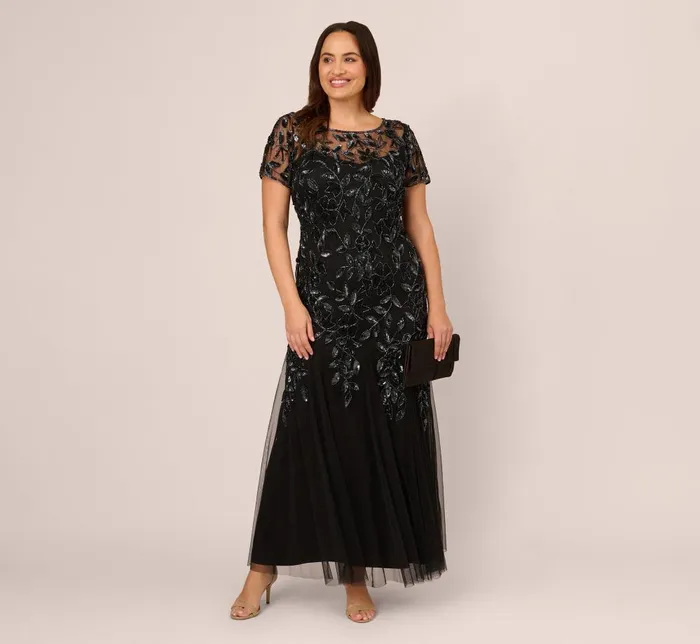 Adrianna Papell Formal Dresses Plus Size Hand Beaded Short Sleeve Floral Godet Gown In Black Gunmetal 8211 Women