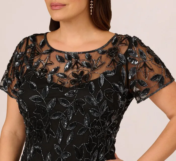Adrianna Papell Formal Dresses Plus Size Hand Beaded Short Sleeve Floral Godet Gown In Black Gunmetal 8211 Women