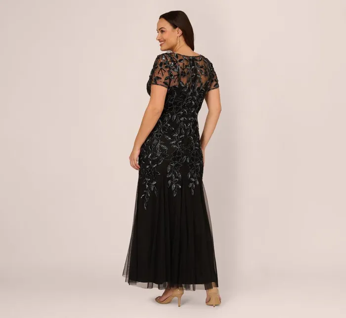 Adrianna Papell Formal Dresses Plus Size Hand Beaded Short Sleeve Floral Godet Gown In Black Gunmetal 8211 Women