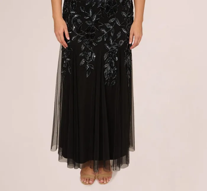 Adrianna Papell Formal Dresses Plus Size Hand Beaded Short Sleeve Floral Godet Gown In Black Gunmetal 8211 Women