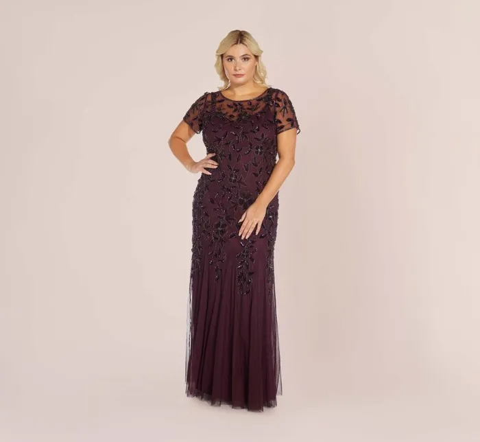 Adrianna Papell Formal Dresses Plus Size Hand Beaded Short Sleeve Floral Godet Gown In Night Plum 8211 Women Adrianna Papell Formal Dresses Plus Size Hand Beaded Short Sleeve Floral Godet Gown In Night Plum 8211 Women