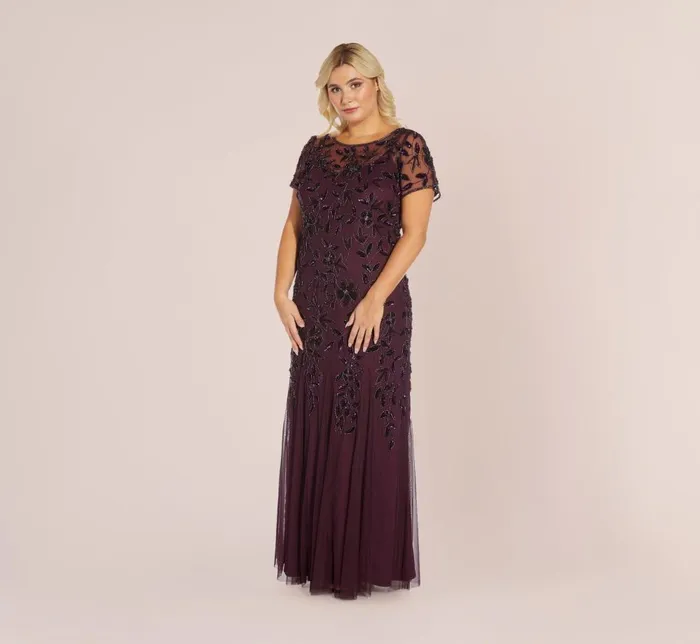 Adrianna Papell Formal Dresses Plus Size Hand Beaded Short Sleeve Floral Godet Gown In Night Plum 8211 Women