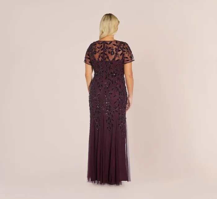 Adrianna Papell Formal Dresses Plus Size Hand Beaded Short Sleeve Floral Godet Gown In Night Plum 8211 Women