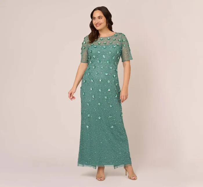 Adrianna Papell Formal Dresses Plus Size Long Hand Beaded 3d Floral Dress With Elbow Sleeves In Green Slate 8211 Women Adrianna Papell Formal Dresses Plus Size Long Hand Beaded 3d Floral Dress With Elbow Sleeves In Green Slate 8211 Women