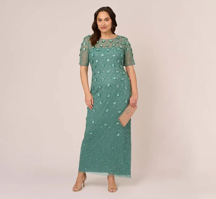 Adrianna Papell Formal Dresses Plus Size Long Hand Beaded 3d Floral Dress With Elbow Sleeves In Green Slate 8211 Women