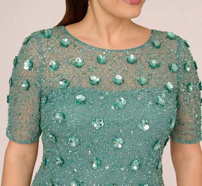 Adrianna Papell Formal Dresses Plus Size Long Hand Beaded 3d Floral Dress With Elbow Sleeves In Green Slate 8211 Women