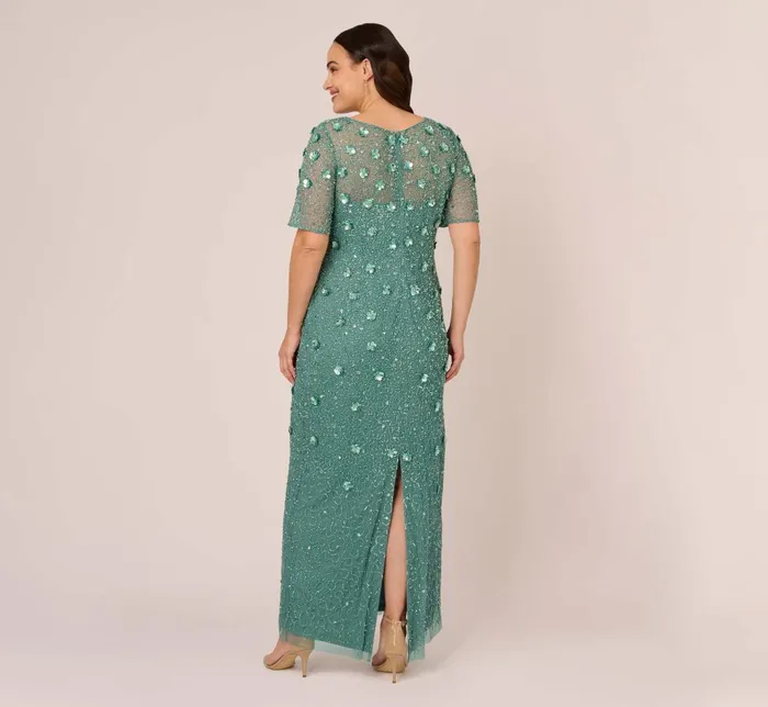 Adrianna Papell Formal Dresses Plus Size Long Hand Beaded 3d Floral Dress With Elbow Sleeves In Green Slate 8211 Women