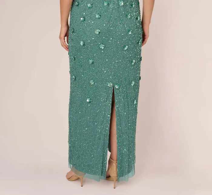Adrianna Papell Formal Dresses Plus Size Long Hand Beaded 3d Floral Dress With Elbow Sleeves In Green Slate 8211 Women
