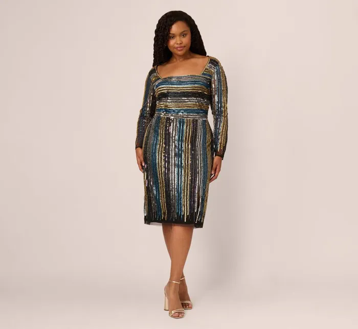 Adrianna Papell Formal Dresses Plus Size Sequin Beaded Sheath Dress With Sheer Long Sleeves In Black Blue Multi 8211 Women