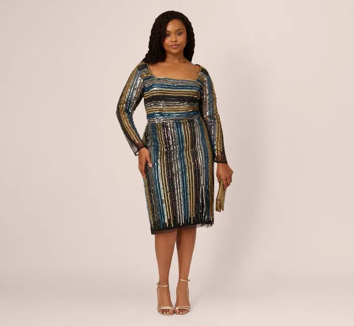 Adrianna Papell Formal Dresses Plus Size Sequin Beaded Sheath Dress With Sheer Long Sleeves In Black Blue Multi 8211 Women