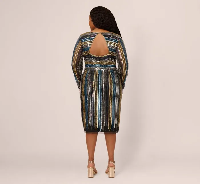Adrianna Papell Formal Dresses Plus Size Sequin Beaded Sheath Dress With Sheer Long Sleeves In Black Blue Multi 8211 Women