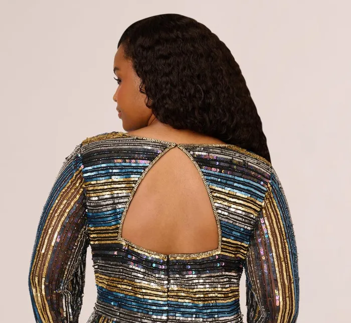 Adrianna Papell Formal Dresses Plus Size Sequin Beaded Sheath Dress With Sheer Long Sleeves In Black Blue Multi 8211 Women