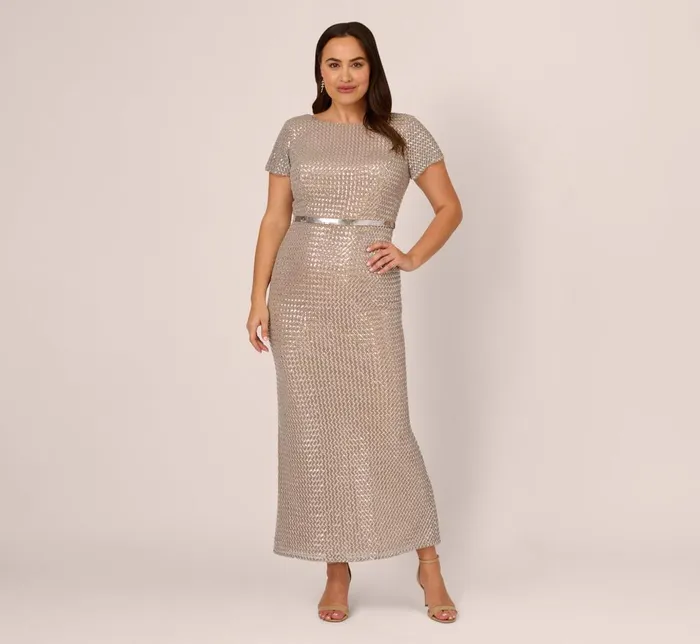 Adrianna Papell Formal Dresses Plus Size Sequin Short Sleeve Column Gown With Embellished Waist In Silver Nude 8211 Women