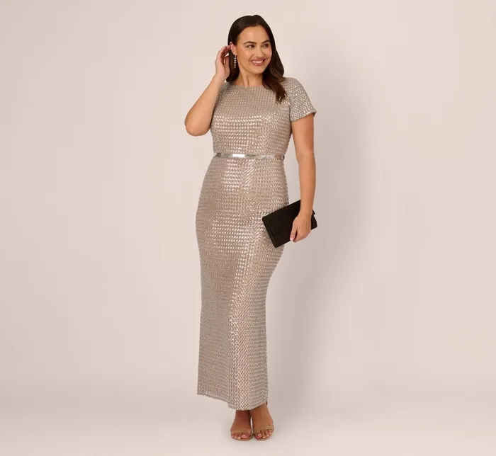 Adrianna Papell Formal Dresses Plus Size Sequin Short Sleeve Column Gown With Embellished Waist In Silver Nude 8211 Women