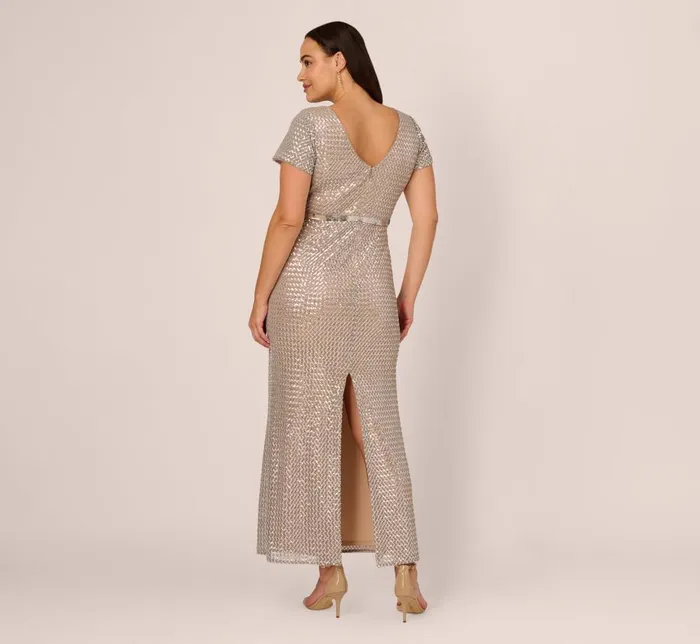 Adrianna Papell Formal Dresses Plus Size Sequin Short Sleeve Column Gown With Embellished Waist In Silver Nude 8211 Women