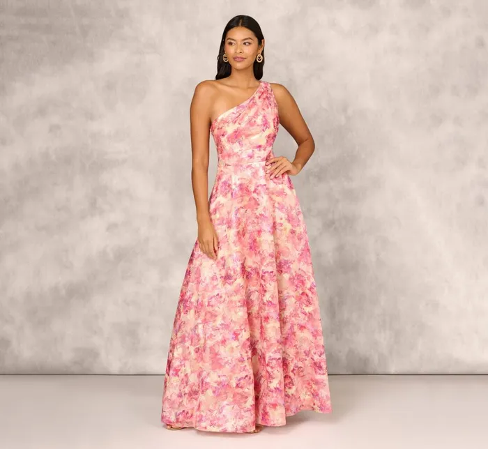 Adrianna Papell Formal Dresses Printed Jacquard One Shoulder Ball Gown With Pleat Details In Red Multi 8211 Women Adrianna Papell Formal Dresses Printed Jacquard One Shoulder Ball Gown With Pleat Details In Red Multi 8211 Women