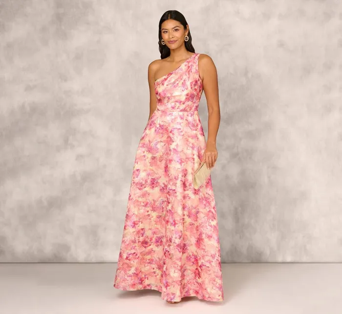 Adrianna Papell Formal Dresses Printed Jacquard One Shoulder Ball Gown With Pleat Details In Red Multi 8211 Women