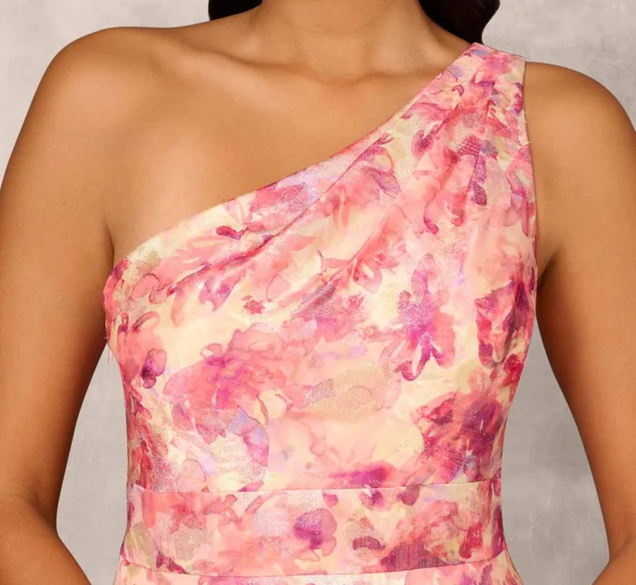 Adrianna Papell Formal Dresses Printed Jacquard One Shoulder Ball Gown With Pleat Details In Red Multi 8211 Women