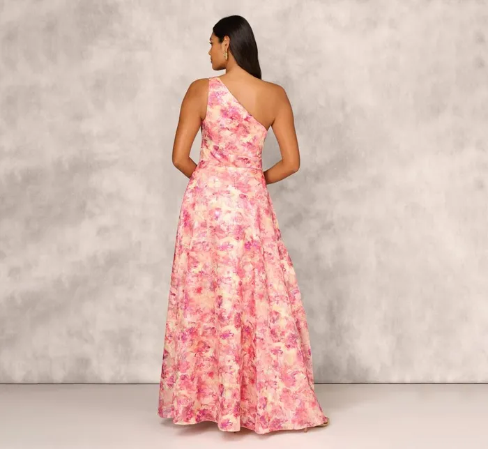 Adrianna Papell Formal Dresses Printed Jacquard One Shoulder Ball Gown With Pleat Details In Red Multi 8211 Women
