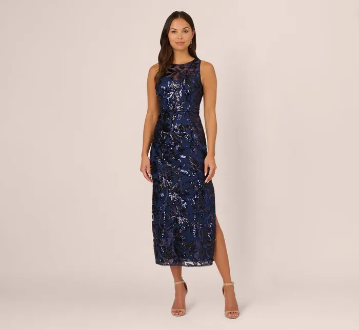 Adrianna Papell Formal Dresses Sequin Leaf Halter Column Gown With Sheer Neckline In Navy Black 8211 Women