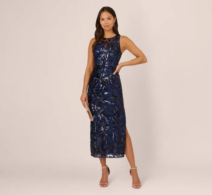 Adrianna Papell Formal Dresses Sequin Leaf Halter Column Gown With Sheer Neckline In Navy Black 8211 Women