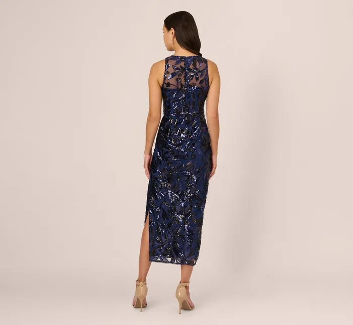 Adrianna Papell Formal Dresses Sequin Leaf Halter Column Gown With Sheer Neckline In Navy Black 8211 Women