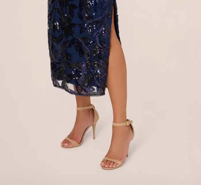 Adrianna Papell Formal Dresses Sequin Leaf Halter Column Gown With Sheer Neckline In Navy Black 8211 Women