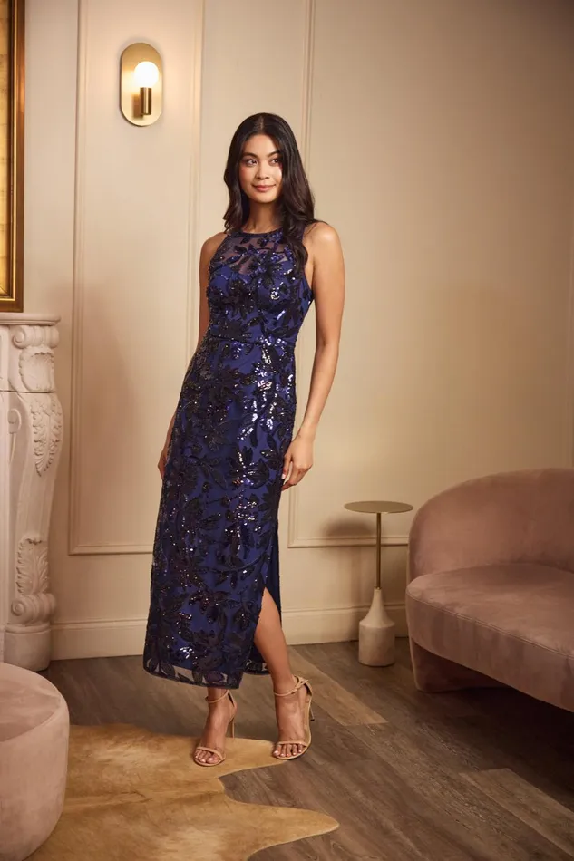 Adrianna Papell Formal Dresses Sequin Leaf Halter Column Gown With Sheer Neckline In Navy Black 8211 Women