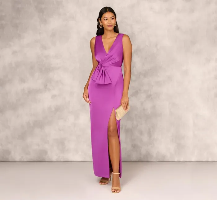 Adrianna Papell Formal Dresses Sleeveless Satin Crepe Column Gown With Bow Waist In Wild Orchid 8211 Women